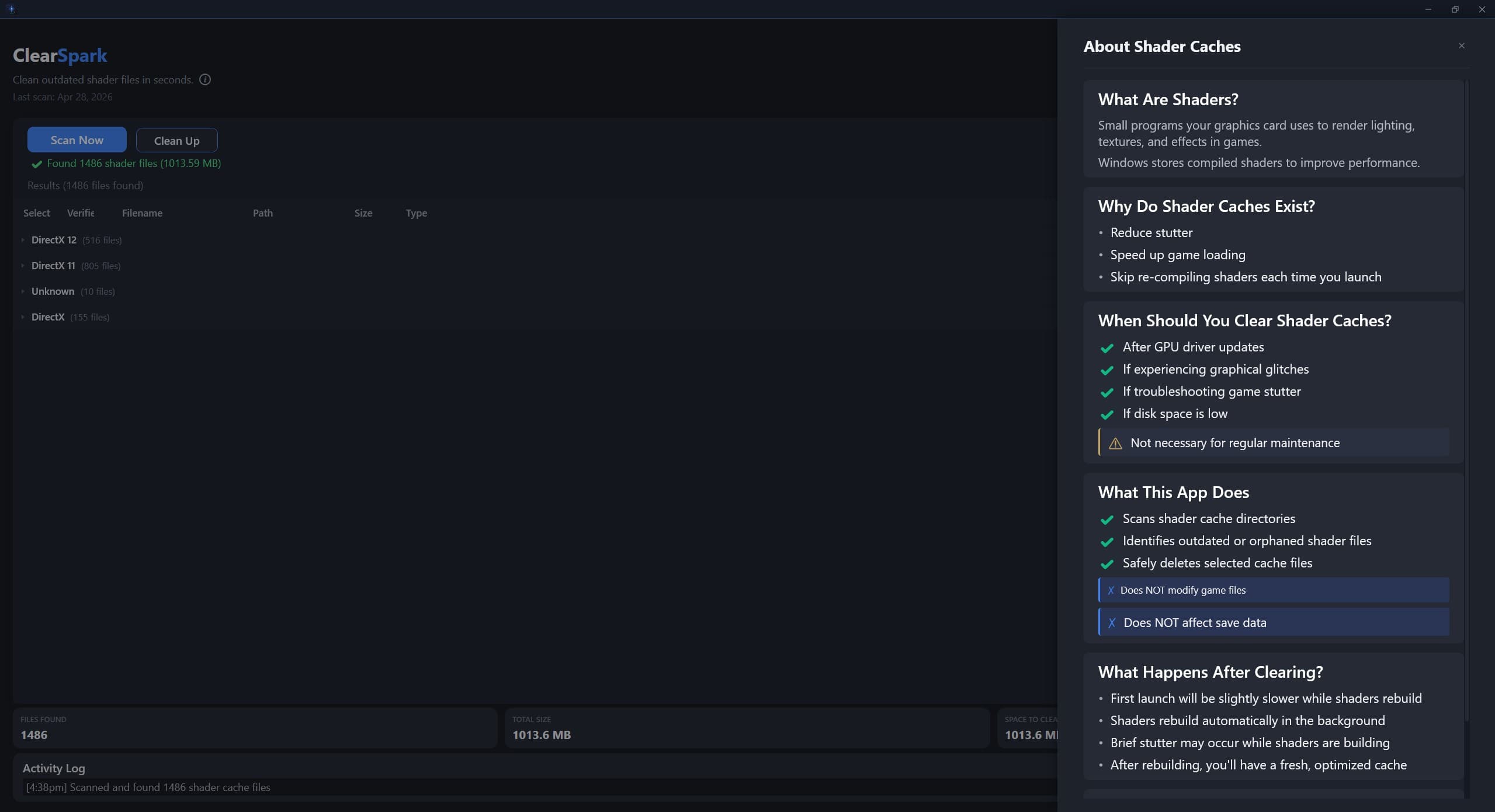 ClearSpark — About Shader Caches info panel